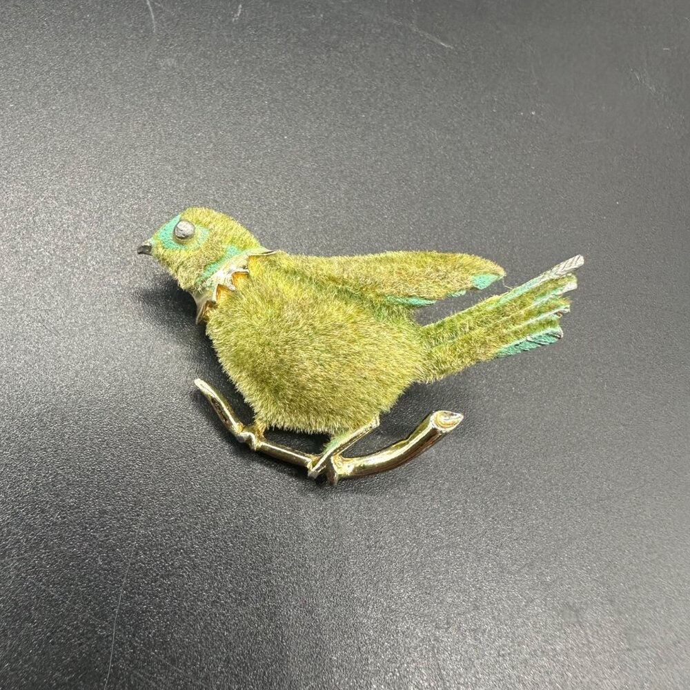 Vintage Bird Brooch Pin Flocked Green Gold Tone Mid Century Jewelry Kitschy